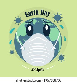 Earth Day, corona virus pandemic poster, 22 April, Earth in mask, save earth, pollution illustration vector banner