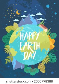 Earth day cover. Stylish wallpapers, simple pictures for your phone. International holiday, Happy Earth Day. Ecology, care of planet. Cartoon flat vector illustration isolated on blue background