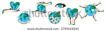 Earth day cut out elements set for collage. Halftone hands holding paper Earth globe Save planet, ecology and environment, protect nature concept Modern retro mixed media vector illustration isolated