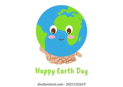 Earth Day cute funny character white background. Hands holding planet. Banner, Poster, Postcard Design. Vector.