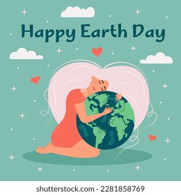 Earth day. Cute girl is holding and hugging planet globe. Her hair in the form of heart. Environment conservation, energy saving , world peace,  ecology support concept.