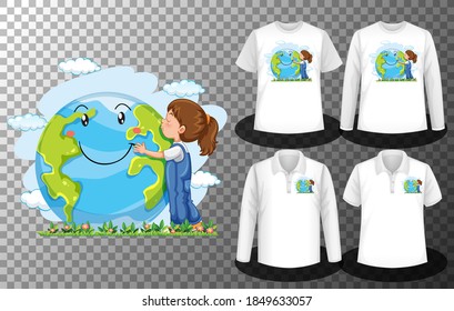 Earth Day with cute girl hug the earth logo with Set of different shirts with logo screen on shirts illustration