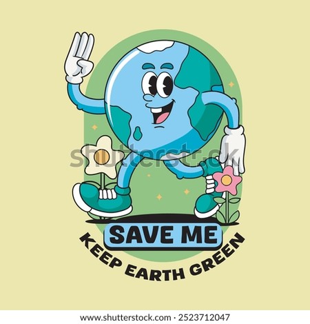 Earth Day Cute Globe Planet Save Energy Funny Vintage Retro 60s 70s Cartoon Character Mascot Vector Illustration in Groovy Psychedelic Style