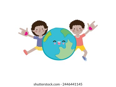 Earth day, cute kids save the world, world environment day, on white background vecter illustration flat style