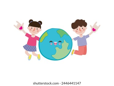 Earth day, cute kids save the world, world environment day, on white background vecter illustration flat style