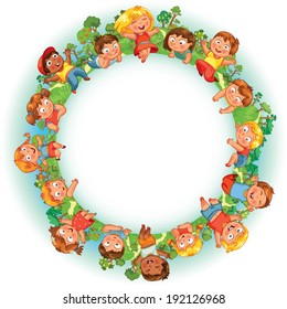 Earth Day. Cute little kids show a blank poster for your text entry. Vector illustration