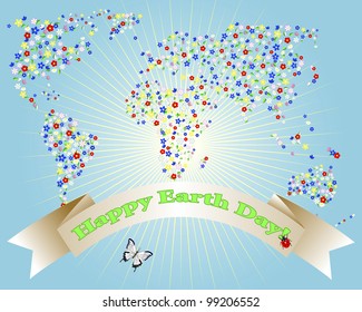 Earth Day. Cute map of the world of flowers and holiday banner. Vector illustration.