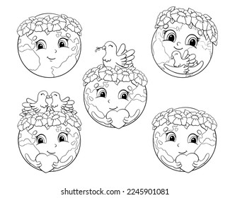 Earth Day. Cute planet with a wreath of flowers. Holds a heart or a dove in his hands. Coloring book page for kids. Cartoon style character. Vector illustration isolated on white background.
