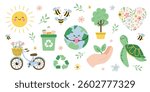 Earth Day cute set with eco friendly elements. Happy planet with heart, smiling sun, bees, recycle bin, bicycle, turtle, plants and flowers. Ecology, environmental protection, flat vector illustration