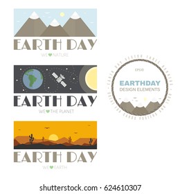Earth Day design elements. Three banners with inscriptions: "we love nature", "we love the planet" and "we love earth". Great for cards, posters and logo.