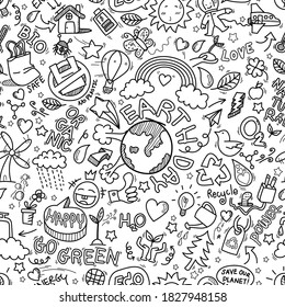 Earth day doodles seamless pattern background. hand drawn of Earth day, Ecology , go green, clean power doodle set isolated on white background, doodles sketch illustration vector