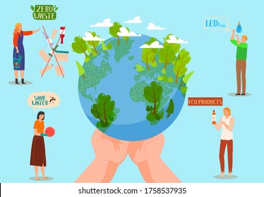 Earth day eco concept of green planet, human hands holding floating globe, zero waste, led lamp and save water vector illustrations for infographic. Save our planet, ecology and enviroment.