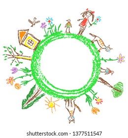 Earth day eco friendly concept. Like child`s hand drawn doodle colorful vector art. World ecology globe planet. Save nature. Crayon, pencil, chalk stroke art. Green day. Home, girl, kid, animal around