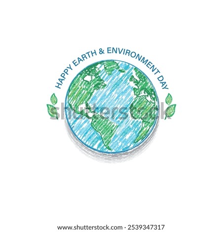 Earth day eco friendly concept. Like child`s hand drawn pastel color scheme vector art. World ecology globe planet. Save nature. Crayon, pencil, chalk stroke art. 