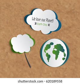 Earth Day. Eco friendly ecology concept. Vector illustration. World environment day background. Set of creative stickers. Cutout planet, cloud and tree template on old paper texture. Ecological idea. 