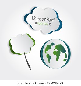 Earth Day. Eco friendly ecology concept.Vector illustration. World environment day background. Set of creative stickers. Cutout planet, cloud and tree template on white background.Ecological idea. 