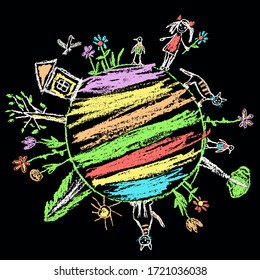 Earth Day Eco Friendly. Like Kids Hand Drawn Doodle Colorful Vector Art On Black Board. World Ecology Globe Planet. Save Nature. Crayon, Pencil, Chalk Stroke Green Art. Home, Tree, Kid, Animal Around