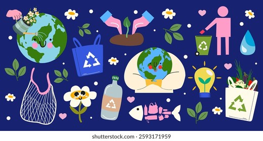 Earth day, eco retro cartoon stickers. Environmental problems and environmental protection, recycling. No plactic, eco bag, zero waste, cruelty free. Vector set elements for patches, poster, banner