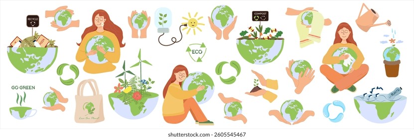 Earth Day .  Eco-friendly illustration promoting sustainability, recycling, and environmental awareness. Features green energy, waste reduction, and nature protection elements.