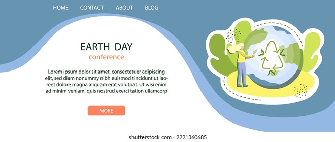 Earth day. Ecological banner on the website and mobile site development. Ecological conference. Girl hugs our planet.