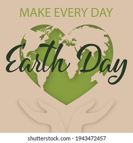 Earth day. Ecology concept. Design with Green heart with planet earth and hands. World environment day concept. 3d Paper art Vector illustration. Design for greeting cards, poster, social media post.
