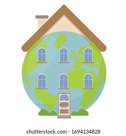 Earth Day, ecology concept vector illustration. Planet Earth is out home, planet with door, windows and roof. Creative sign of responsibility, save ecology. Isolated on white background..