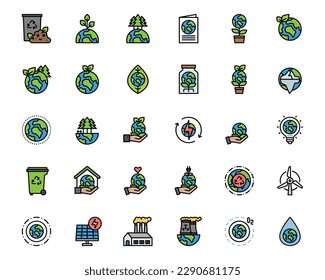 Earth Day Ecology and Environment Icon set. Nature Renewable Energy Icons. Eco Friendly Outline Vector Icon Sign 
