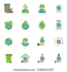 Earth Day Ecology and Environment Icon set. Nature Renewable Energy Icons. Eco Friendly Outline Vector Icon Sign 