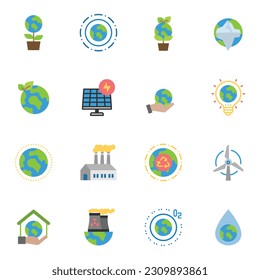 Earth Day Ecology and Environment Icon set. Nature Renewable Energy Icons. Eco Friendly Outline Vector Icon Sign 