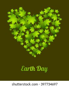 Earth Day ecology green abstract background. Heart from leaves. Summer vector graphic design