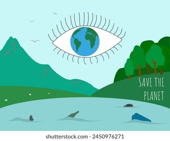 Día de la Tierra, ecología, naturaleza y protección del medio ambiente. Planeta Tierra en forma de ojo. Guardar el concepto de planeta verde.