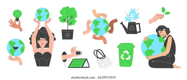 Earth Day elements set with eco symbols, recycling icons and renewable energy illustrations. Flat vector design for sustainability projects and nature protection concepts.