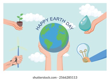 Earth Day with elements symbolizing sustainability, including hands holding the Earth, a plant, a water droplet, clean energy symbol, and a light bulb. Flat vector modern illustration 