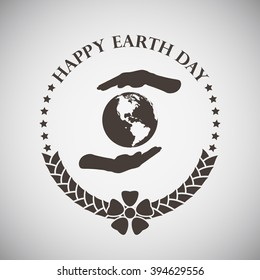 Earth day emblem with palms holding planet. Vector illustration. 