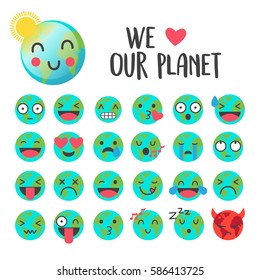 Earth Day Emoji, Smile Icons Vector Set.
