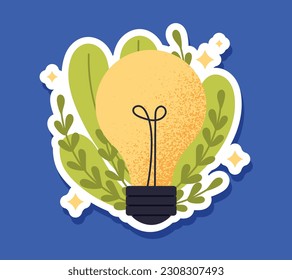 Earth Day energy sticker. Light bulb with foliage and plant branches. Alternative energy sources and rejection of gas, fiel and oil. Cartoon flat vector illustration isolated on blue background