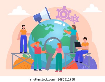 Earth day, environment care, protection. Group of people stand near big earth globe. Flat design vector illustration