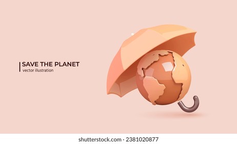 Earth Day or Environment Conservation - 3D concept. Realistic 3d design of Cartoon planet Earth with Umbrella. Save green planet concept in cartoon minimal style. 3D Vector illustration