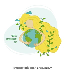Earth Day, Environment Day, Earth Hour, environmental damage concept. The girl hugs and protects the ground. The concept of climate change, environmental problems and deforestation.
