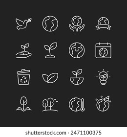 Earth Day, environment icons, white lines on black background. Preservation, eco-friendly practices, sustainability, climate change awareness. Customizable line thickness.