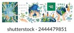 Earth Day. Environment Day. Save the planet. Vector illustration of 
hands holding the earth, bottom up view of nature and forest, people for ecology and green theme for poster or banner 