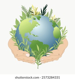Earth Day. Environment Day. Save the planet. Vector illustration of hands holding the earth, people for ecology and green theme for poster or card