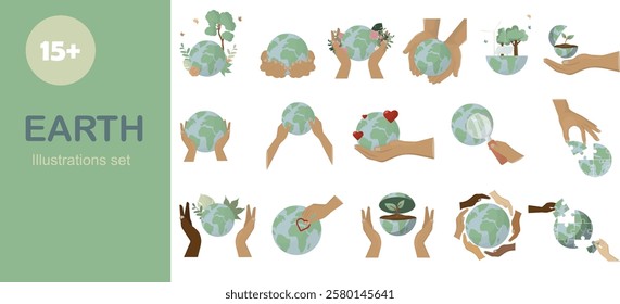 Earth Day Environmental Conservation Icons Vector Set. hands holding Earth globes, representing environmental protection, sustainability, and ecological awareness. Vector illustration set