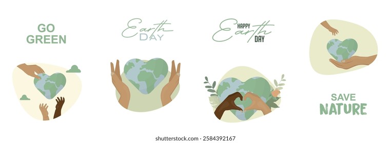 Earth Day Environmental Conservation Illustration Set Vector. Eco-friendly illustrations featuring heart-shaped Earth globes, caring hands, and environmental protection themes. Vector illustration