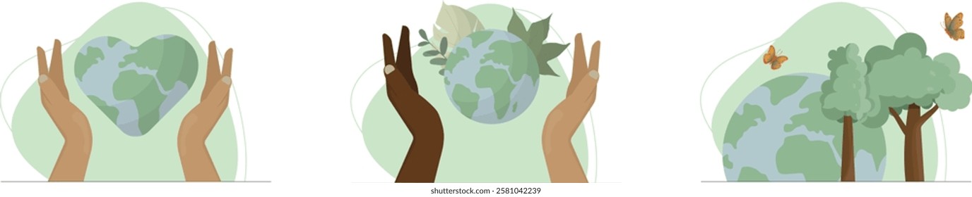 Earth Day Environmental Protection Icon Set Illustration. Three-panel eco-friendly illustration series. Environmental conservation. Flat style. Transparent background. Vector illustration