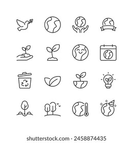 Earth Day and Environmental Protection, linear style icon set. Preserving and safeguarding. Eco-friendly initiatives, sustainability awareness, climate change. Editable stroke width.