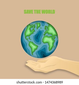 Earth day everyday concept in paper cut style. 3d paper art. Origami made a human hand and carving Earth map shapes on background and space. Save the Earth concept.Backdrop, banner, wallpaper, poster.