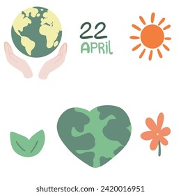 Earth day flat design set planets sun and leaves