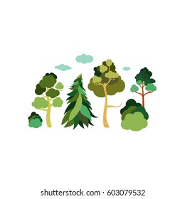 Earth Day. Forest. A set of trees. Spruce, pine, linden, birch, bushes. Vector flat design.