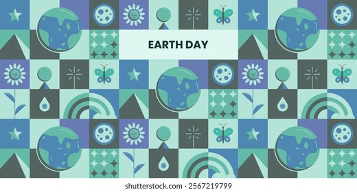 Earth Day geometric pattern design with calm smiley's, globes, flowers, and more. Vector illustration.